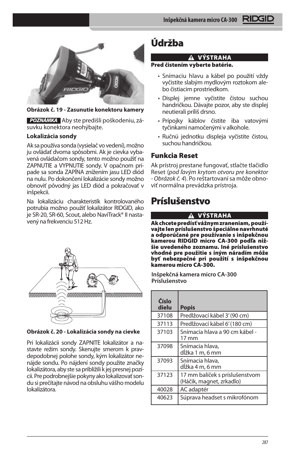 Údržba, Príslušenstvo, Funkcia reset | RIDGID micro CA-300 User Manual | Page 289 / 472