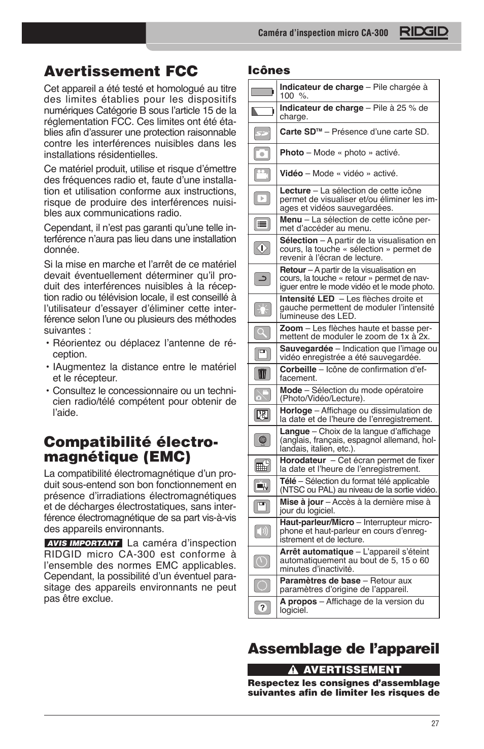 Assemblage de l’appareil, Avertissement fcc, Compatibilité électro- magnétique (emc) | RIDGID micro CA-300 User Manual | Page 29 / 472