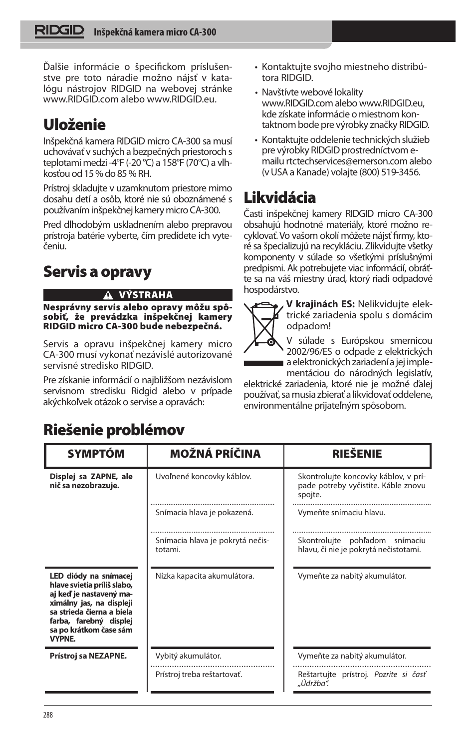 Likvidácia, Uloženie, Servis a opravy | Riešenie problémov, Symptóm možná príčina riešenie | RIDGID micro CA-300 User Manual | Page 290 / 472