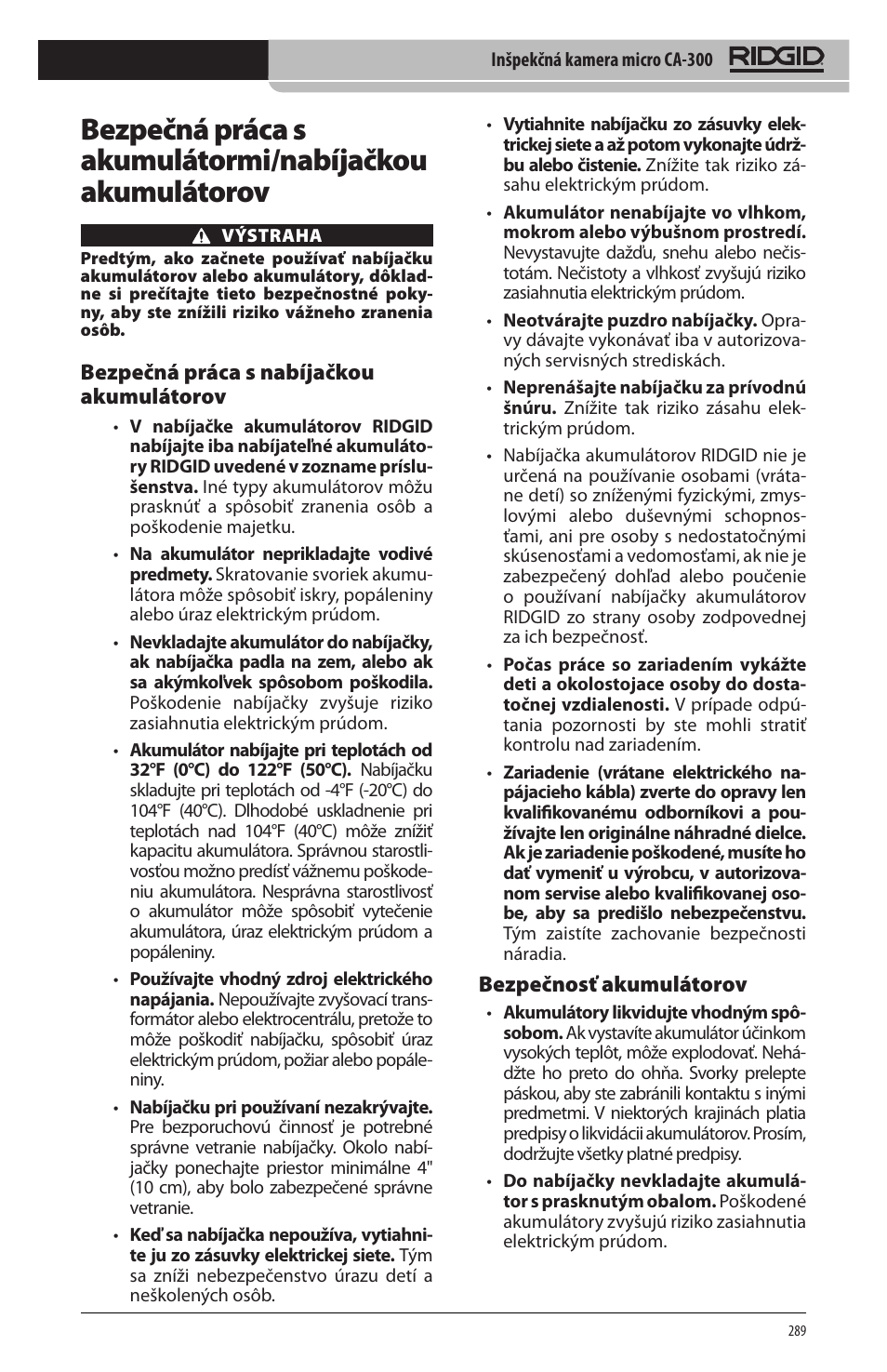 Bezpečná práca s nabíjačkou akumulátorov, Bezpečnosť akumulátorov | RIDGID micro CA-300 User Manual | Page 291 / 472