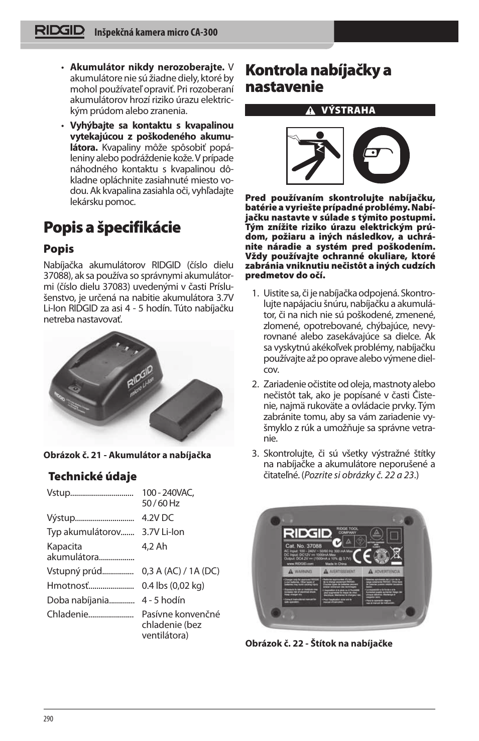 Popis a špecifikácie, Kontrola nabíjačky a nastavenie, Popis | Technické údaje | RIDGID micro CA-300 User Manual | Page 292 / 472