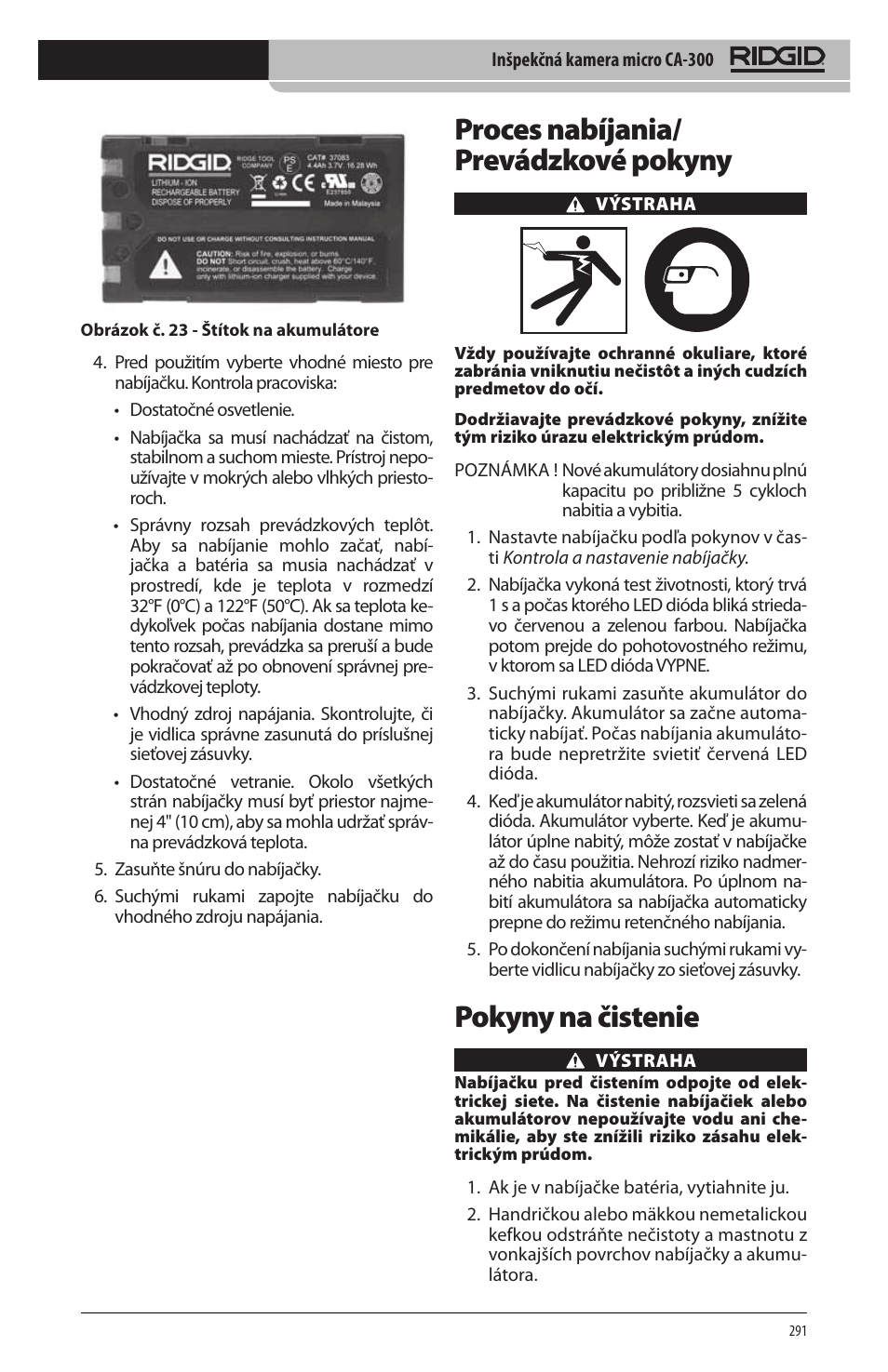 Proces nabíjania/ prevádzkové pokyny, Pokyny na čistenie | RIDGID micro CA-300 User Manual | Page 293 / 472