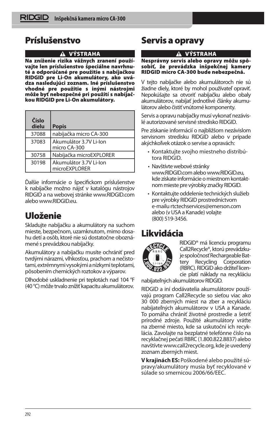 Servis a opravy, Likvidácia, Príslušenstvo | Uloženie | RIDGID micro CA-300 User Manual | Page 294 / 472