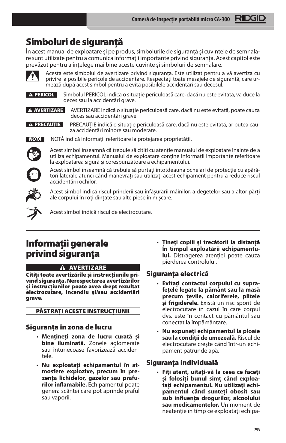 Simboluri de siguranţă, Informaţii generale privind siguranţa, Siguranţa în zona de lucru | Siguranţa electrică, Siguranţa individuală | RIDGID micro CA-300 User Manual | Page 297 / 472