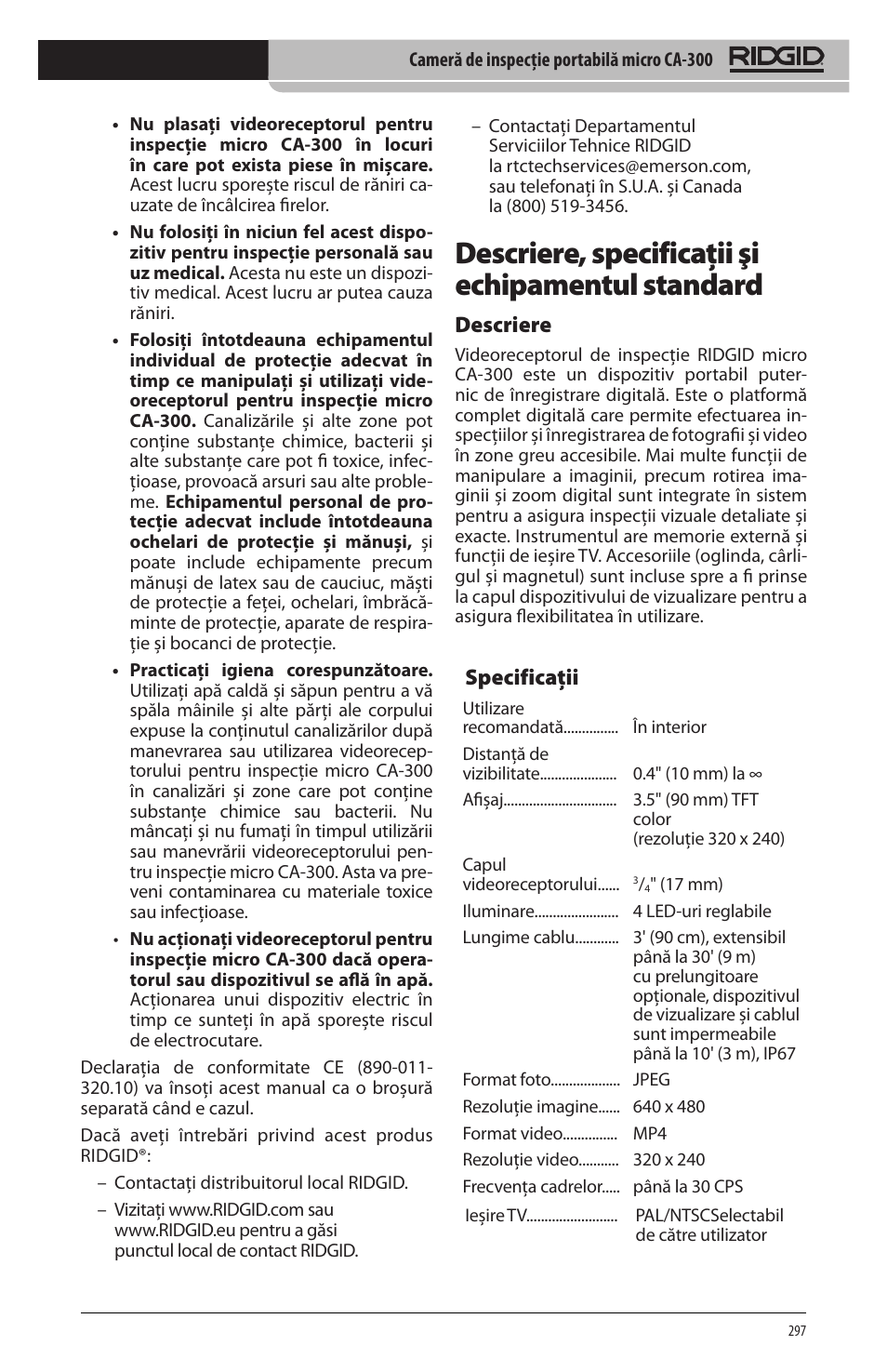 Descriere, specificaţii şi echipamentul standard, Specificaţii, Descriere | RIDGID micro CA-300 User Manual | Page 299 / 472