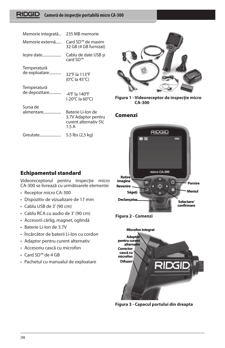 Echipamentul standard, Comenzi | RIDGID micro CA-300 User Manual | Page 300 / 472