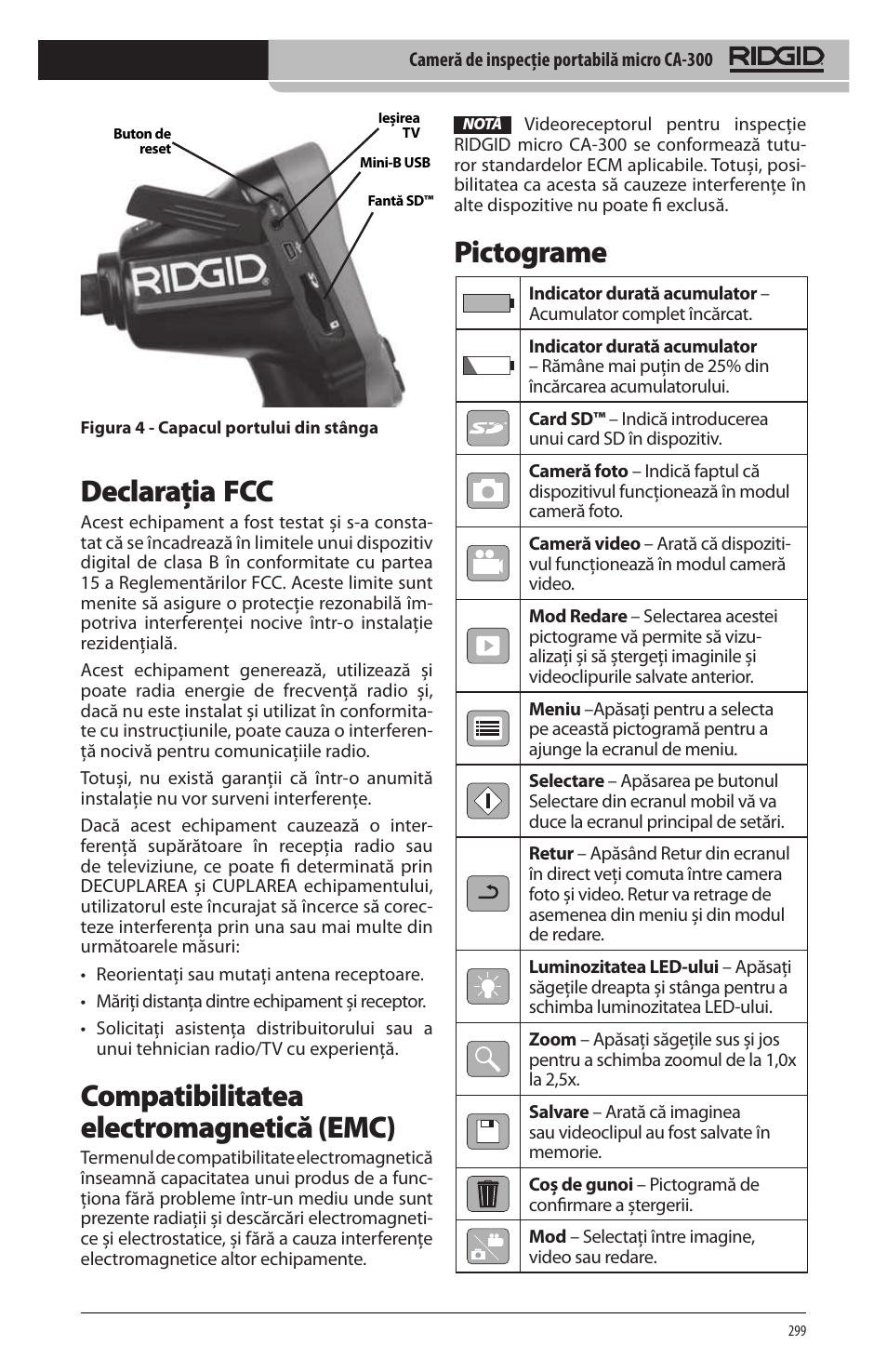 Pictograme, Declaraţia fcc, Compatibilitatea electromagnetică (emc) | RIDGID micro CA-300 User Manual | Page 301 / 472