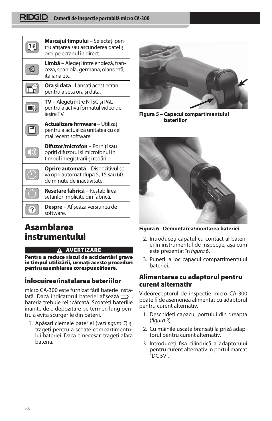 Asamblarea instrumentului, Înlocuirea/instalarea bateriilor, Alimentarea cu adaptorul pentru curent alternativ | RIDGID micro CA-300 User Manual | Page 302 / 472