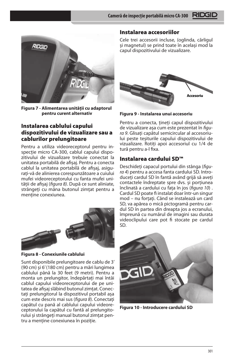 Instalarea accesoriilor, Instalarea cardului sd | RIDGID micro CA-300 User Manual | Page 303 / 472