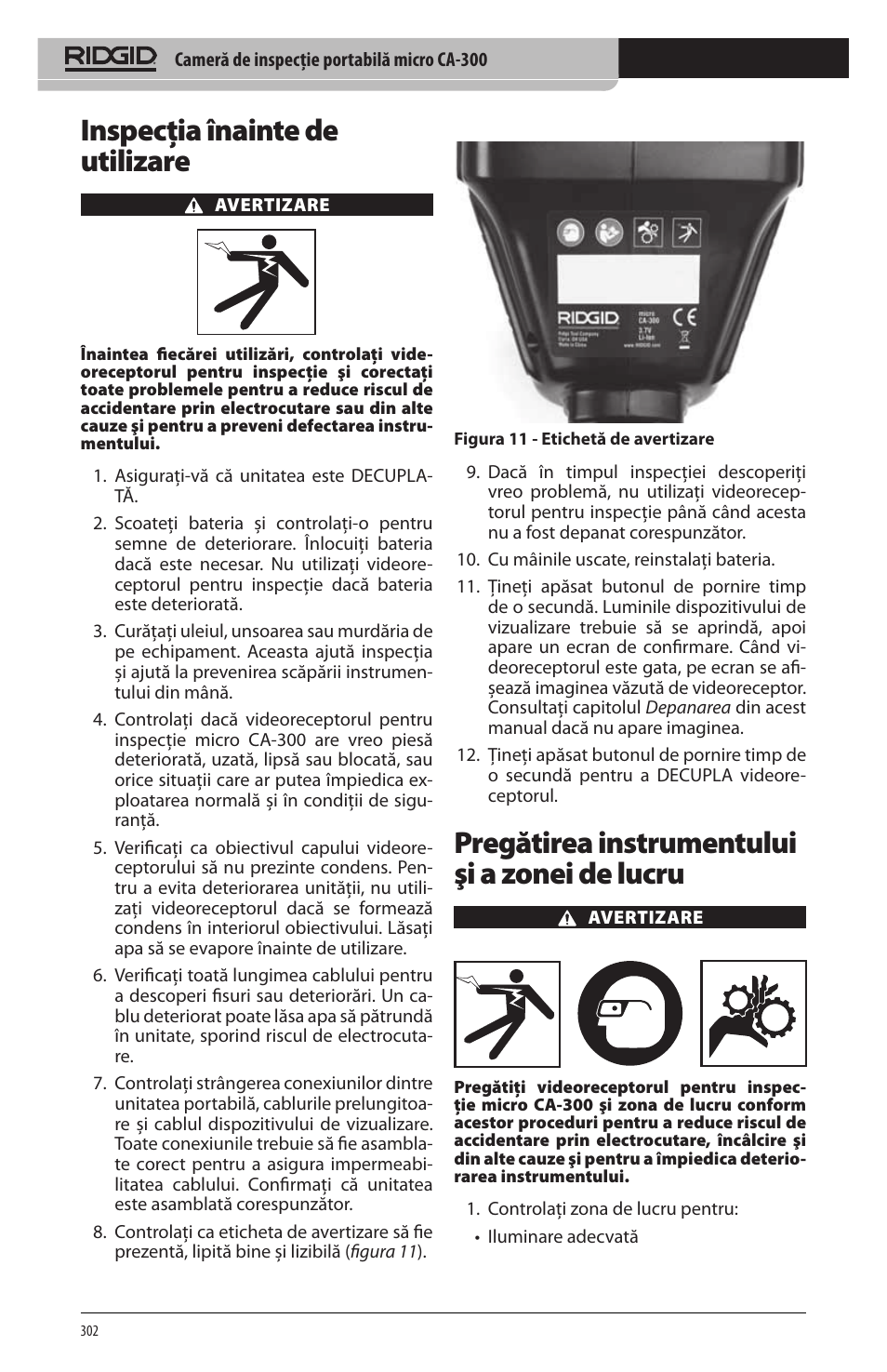 Inspecţia înainte de utilizare, Pregătirea instrumentului şi a zonei de lucru | RIDGID micro CA-300 User Manual | Page 304 / 472