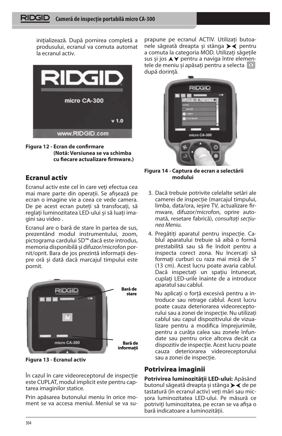 Ecranul activ, Potrivirea imaginii | RIDGID micro CA-300 User Manual | Page 306 / 472