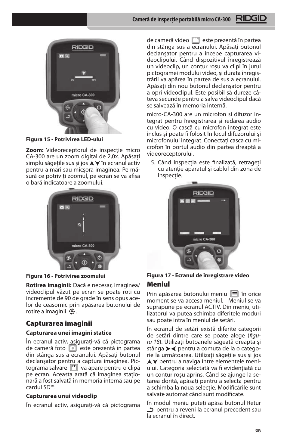 Capturarea imaginii, Meniul | RIDGID micro CA-300 User Manual | Page 307 / 472