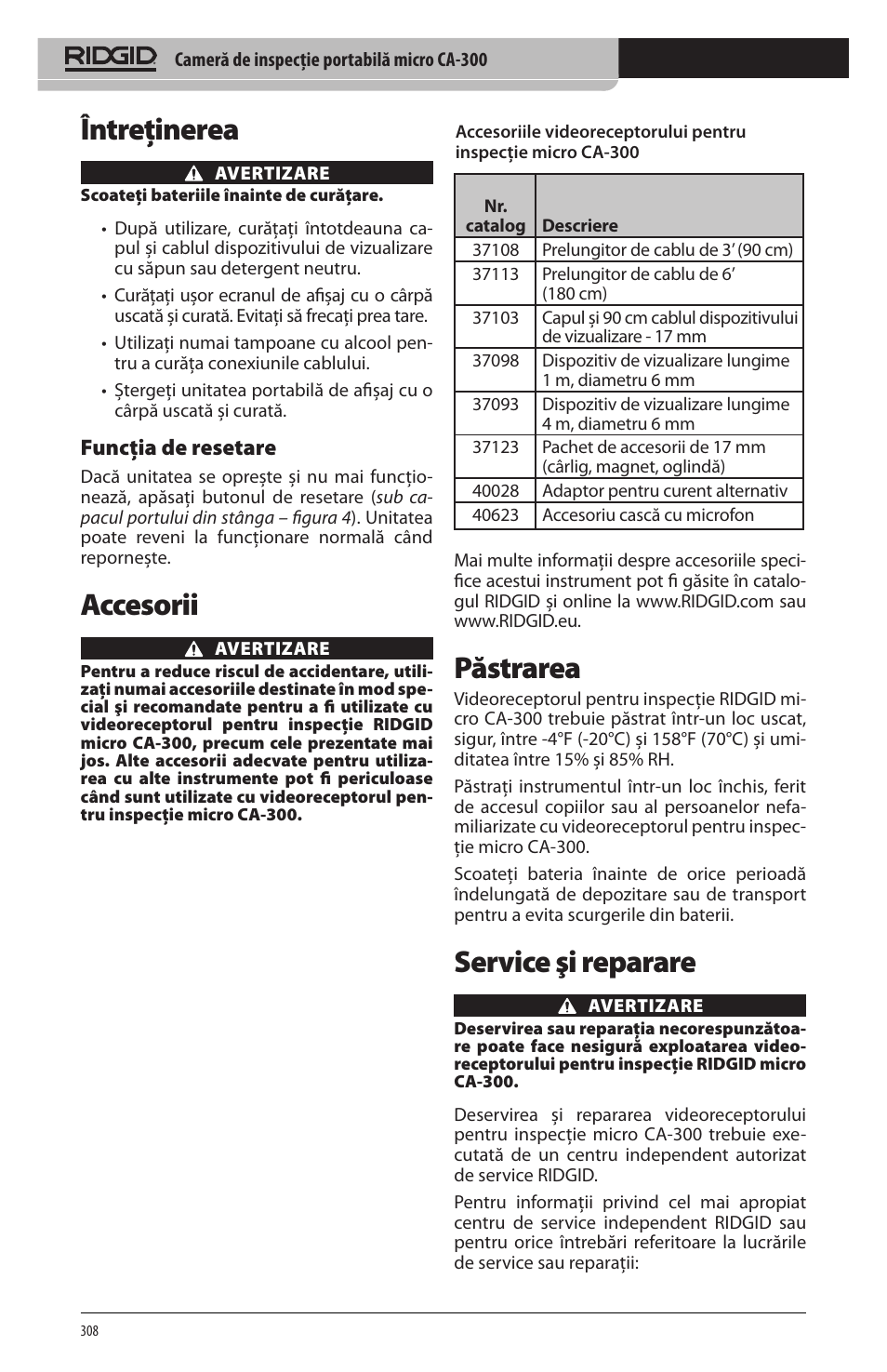 Întreţinerea, Accesorii, Păstrarea | Service şi reparare, Funcţia de resetare | RIDGID micro CA-300 User Manual | Page 310 / 472