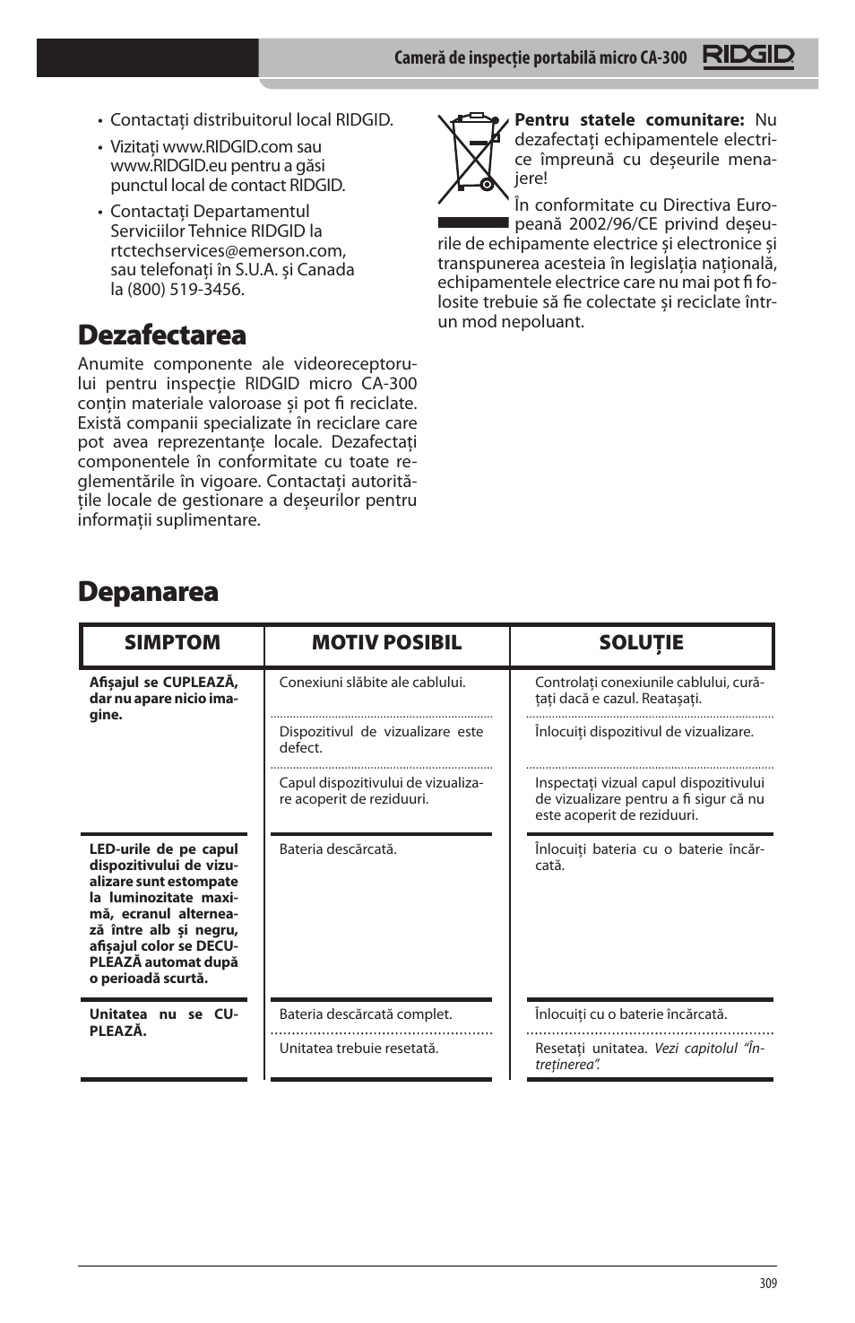 Dezafectarea, Depanarea, Simptom motiv posibil soluţie | RIDGID micro CA-300 User Manual | Page 311 / 472