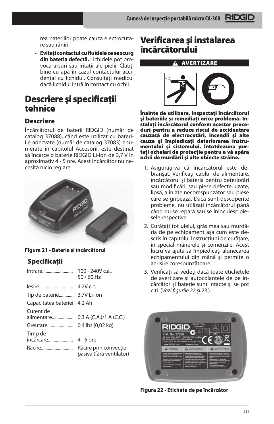 Descriere şi specificaţii tehnice, Verificarea şi instalarea încărcătorului, Descriere | Specificaţii | RIDGID micro CA-300 User Manual | Page 313 / 472