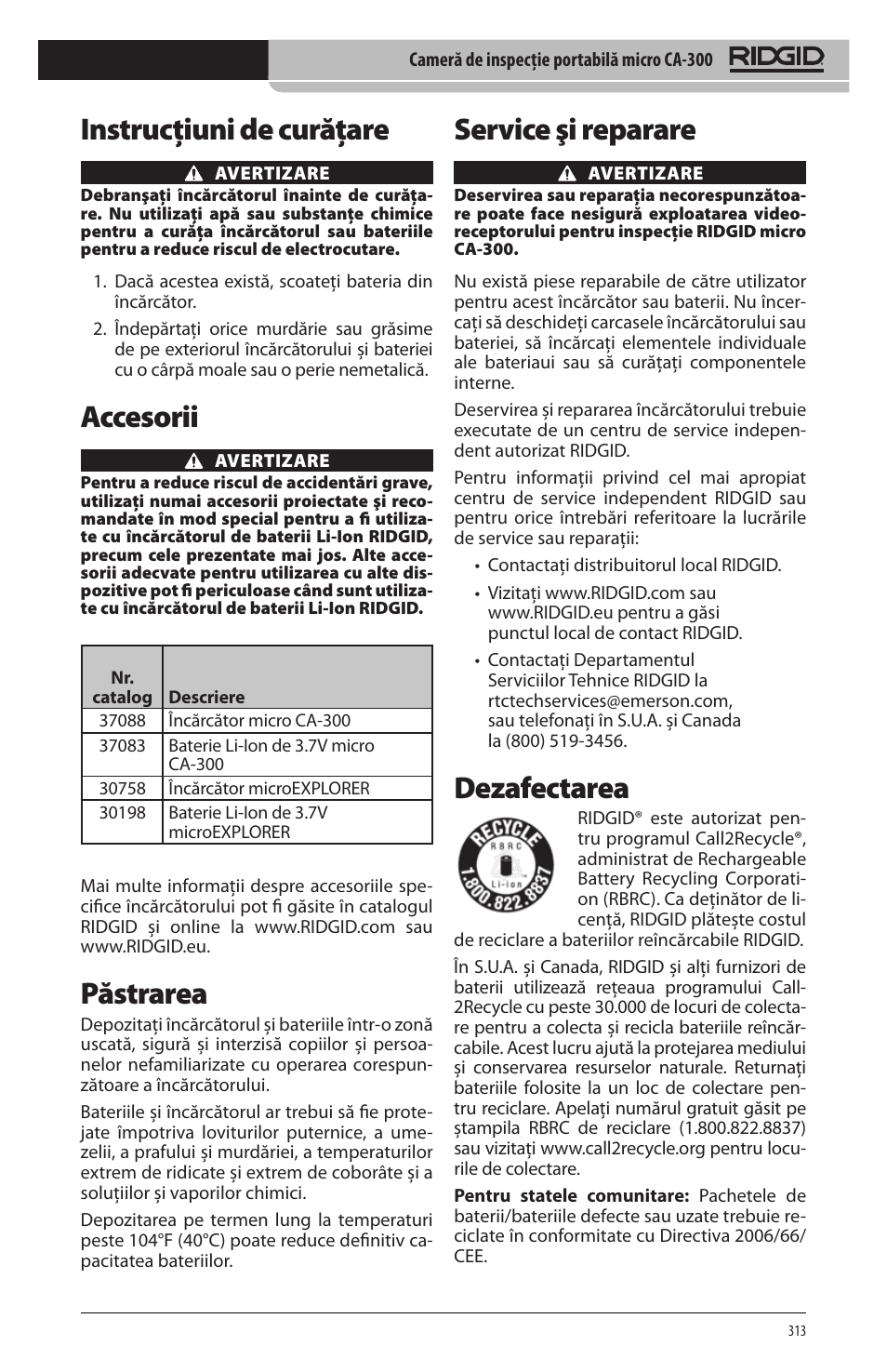 Instrucţiuni de curăţare, Accesorii, Păstrarea | Service şi reparare, Dezafectarea | RIDGID micro CA-300 User Manual | Page 315 / 472