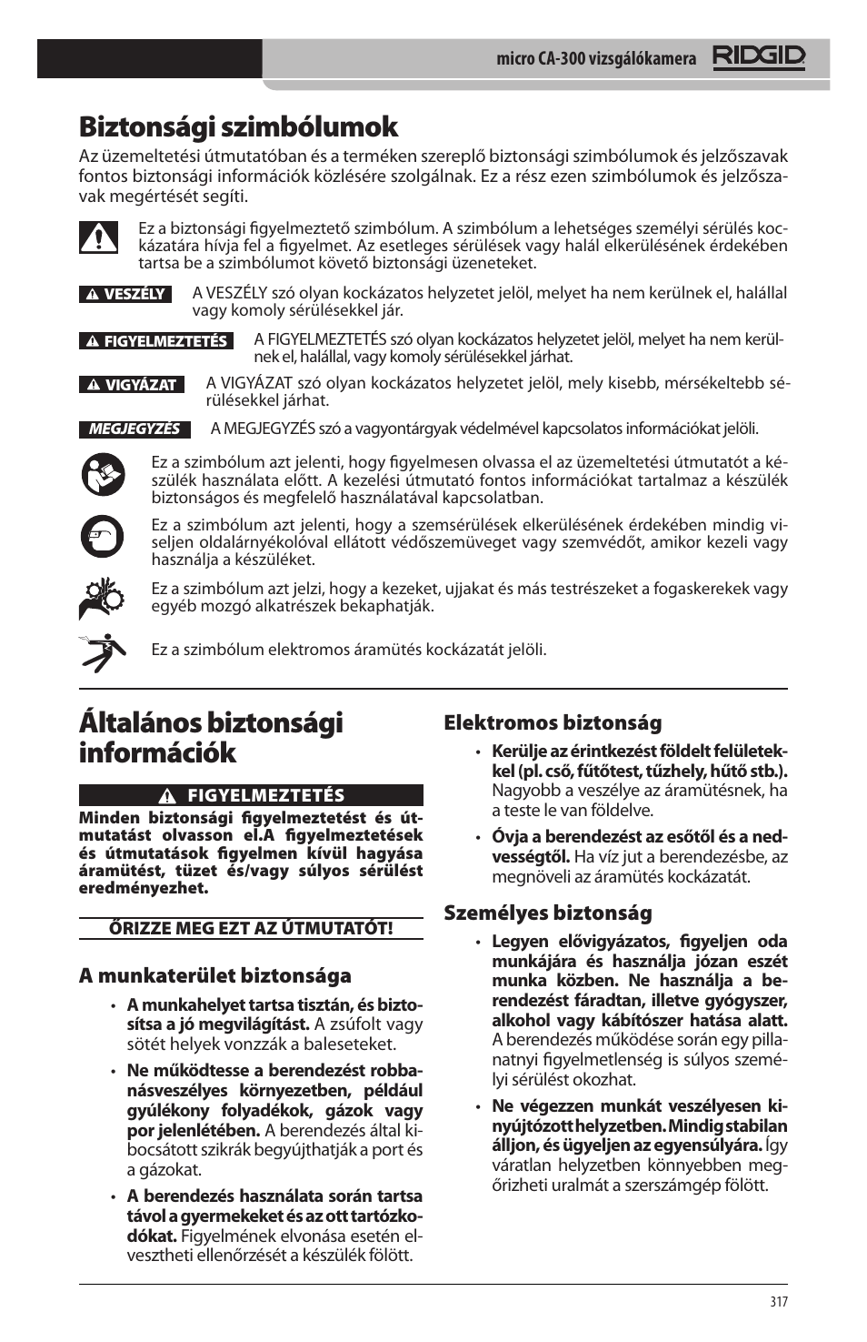 Biztonsági szimbólumok, Általános biztonsági információk, A munkaterület biztonsága | Elektromos biztonság, Személyes biztonság | RIDGID micro CA-300 User Manual | Page 319 / 472