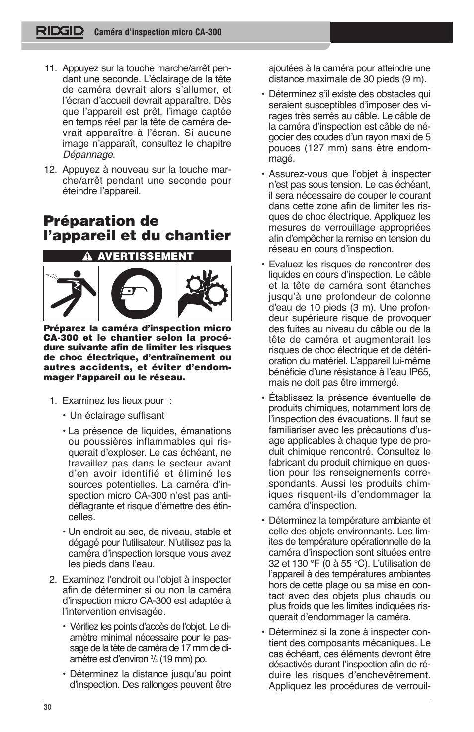 Préparation de l’appareil et du chantier | RIDGID micro CA-300 User Manual | Page 32 / 472