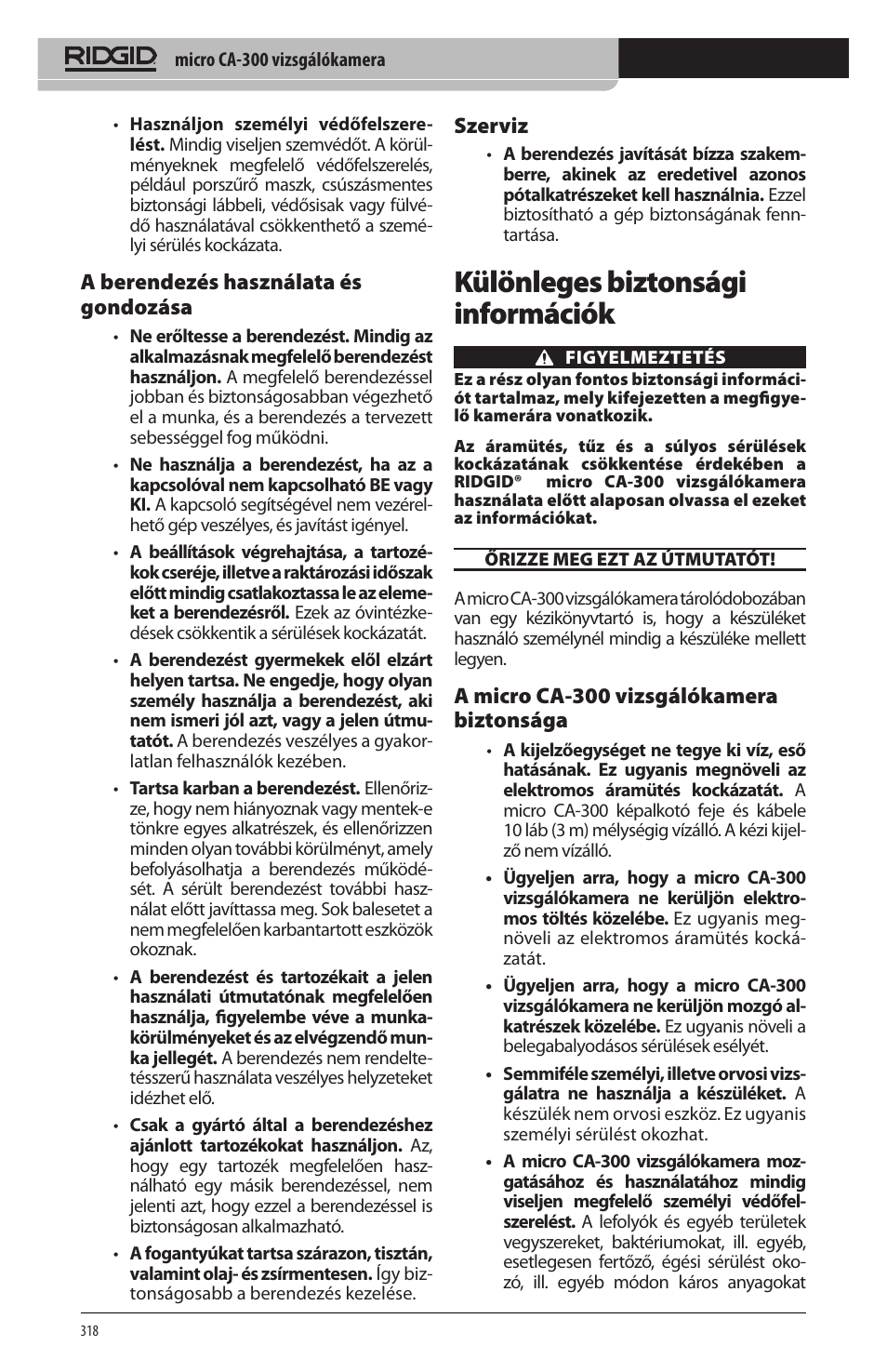 Különleges biztonsági információk, A berendezés használata és gondozása, Szerviz | A micro ca‑300 vizsgálókamera biztonsága | RIDGID micro CA-300 User Manual | Page 320 / 472