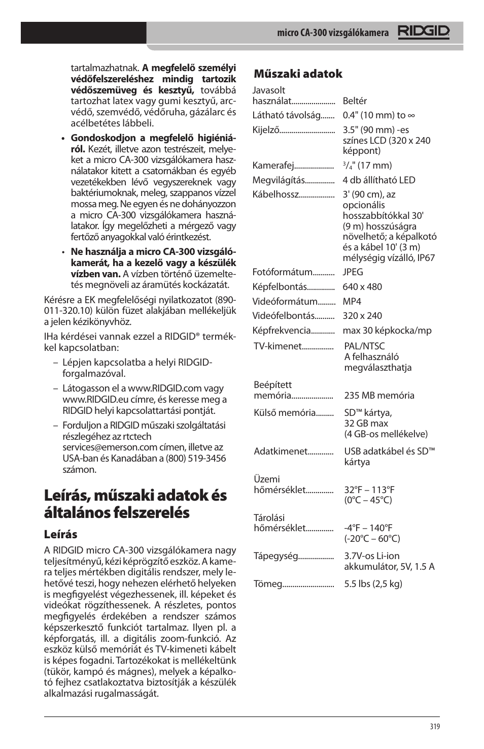 Leírás, műszaki adatok és általános felszerelés, Leírás, Műszaki adatok | RIDGID micro CA-300 User Manual | Page 321 / 472