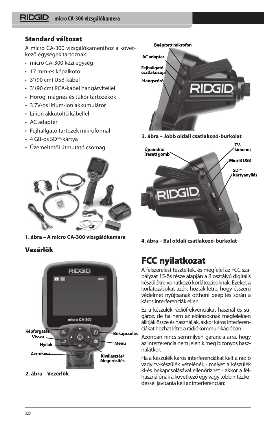 Fcc nyilatkozat, Standard változat, Vezérlők | RIDGID micro CA-300 User Manual | Page 322 / 472