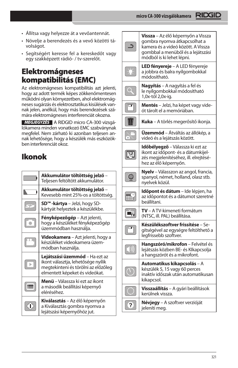 Elektromágneses kompatibilitás (emc), Ikonok | RIDGID micro CA-300 User Manual | Page 323 / 472