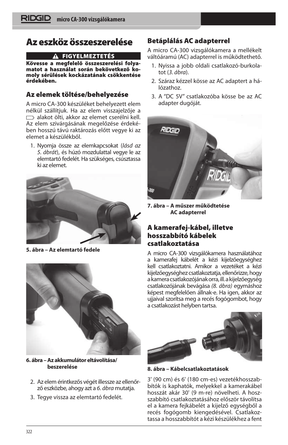 Az eszköz összeszerelése, Az elemek töltése/behelyezése, Betáplálás ac adapterrel | RIDGID micro CA-300 User Manual | Page 324 / 472