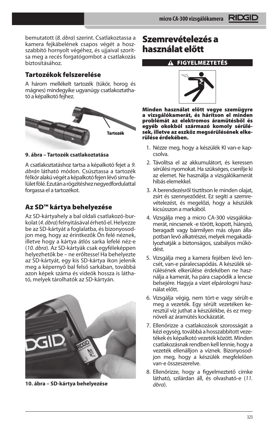 Szemrevételezés a használat előtt, Tartozékok felszerelése, Az sd™ kártya behelyezése | RIDGID micro CA-300 User Manual | Page 325 / 472