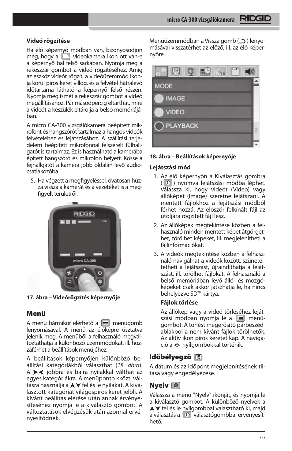 Menü, Időbélyegző, Nyelv | RIDGID micro CA-300 User Manual | Page 329 / 472