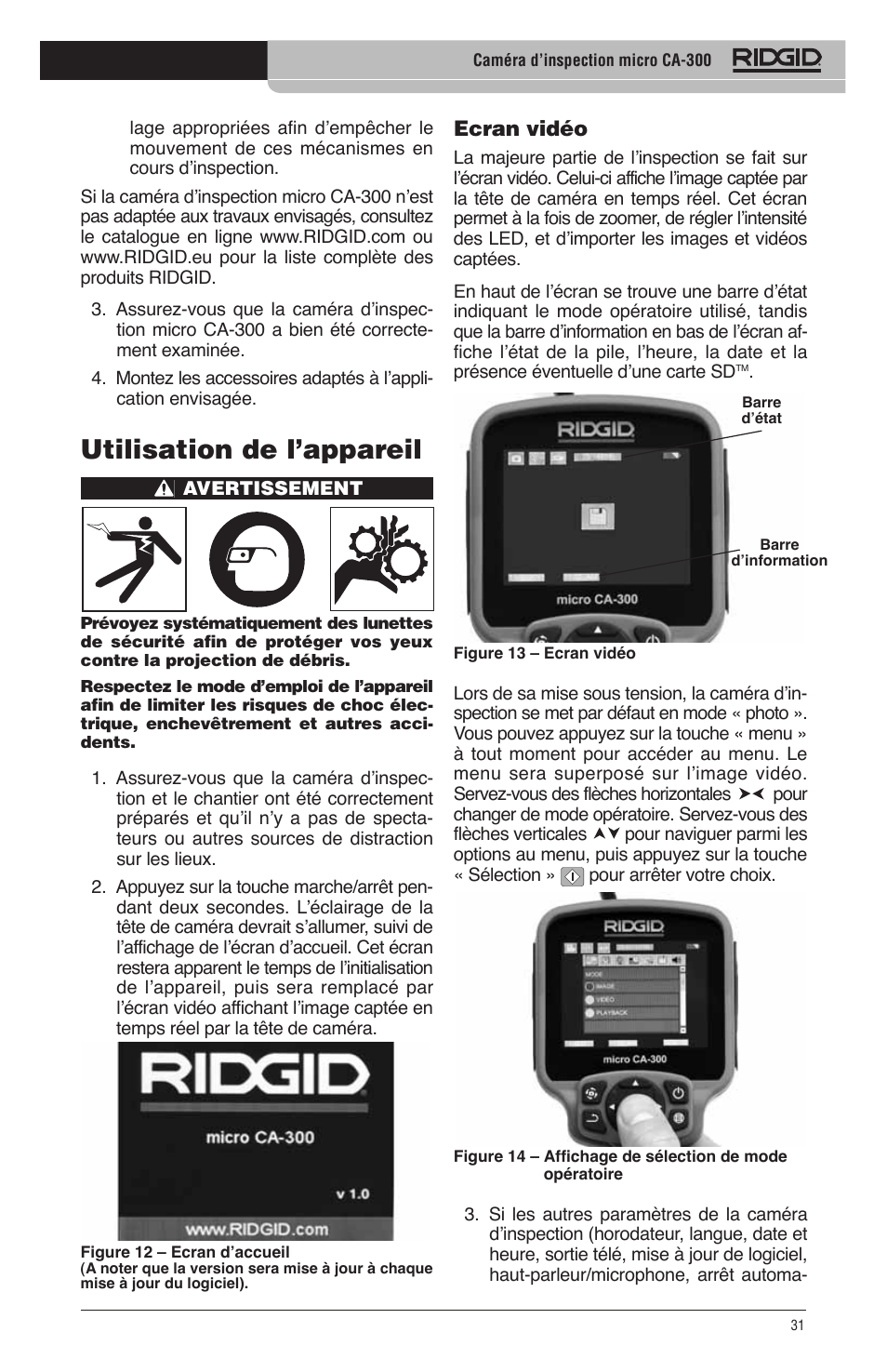 Utilisation de l’appareil, Ecran vidéo | RIDGID micro CA-300 User Manual | Page 33 / 472