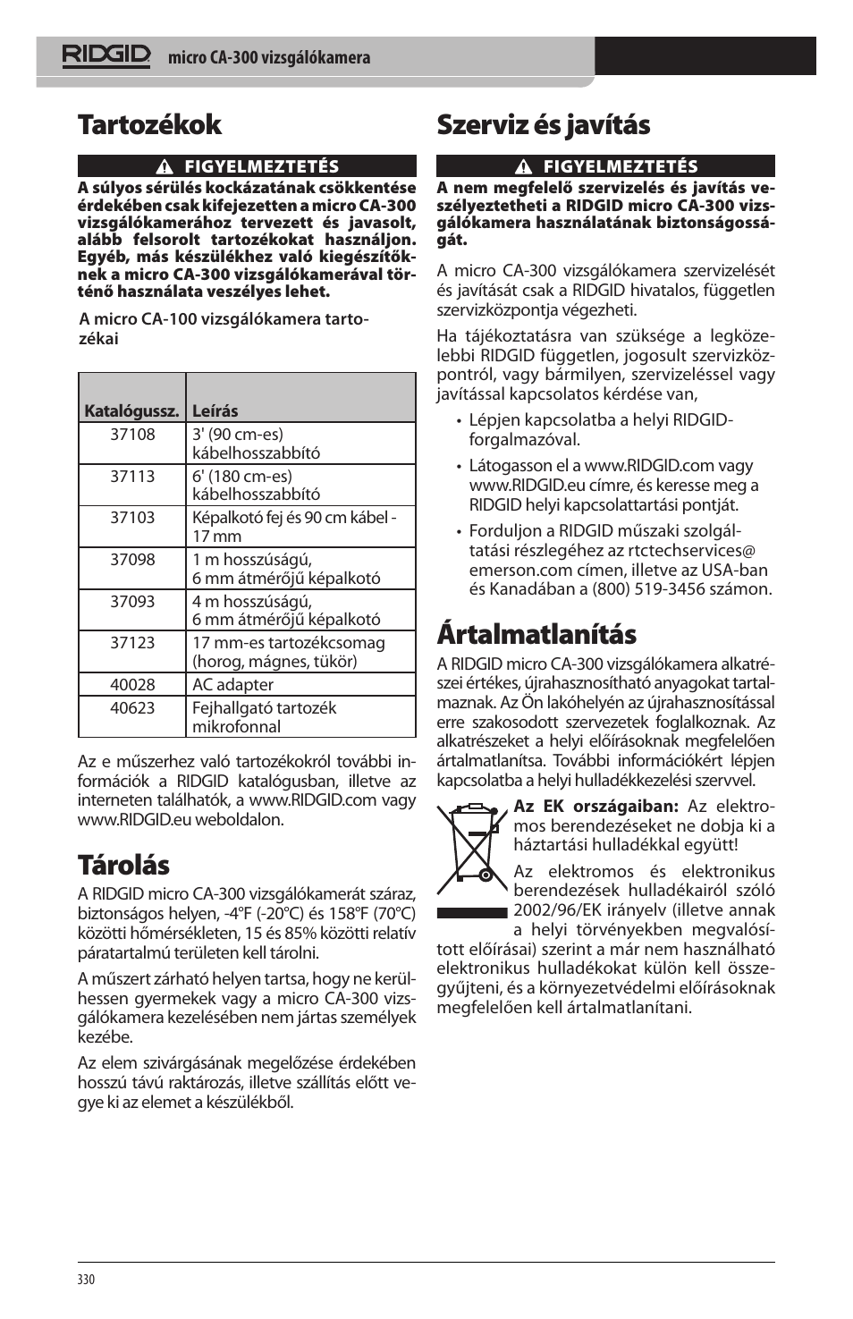 Tartozékok, Tárolás, Szerviz és javítás | Ártalmatlanítás | RIDGID micro CA-300 User Manual | Page 332 / 472