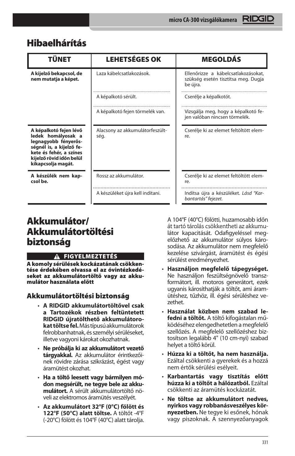 Akkumulátor/ akkumulátortöltési biztonság, Hibaelhárítás, Akkumulátortöltési biztonság | Tünet lehetséges ok megoldás | RIDGID micro CA-300 User Manual | Page 333 / 472