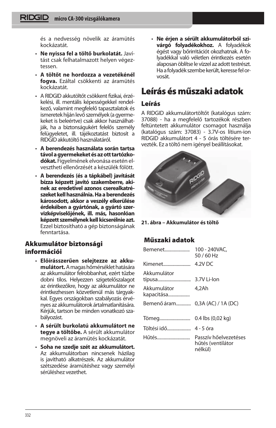 Leírás és műszaki adatok, Akkumulátor biztonsági információi, Leírás | Műszaki adatok | RIDGID micro CA-300 User Manual | Page 334 / 472