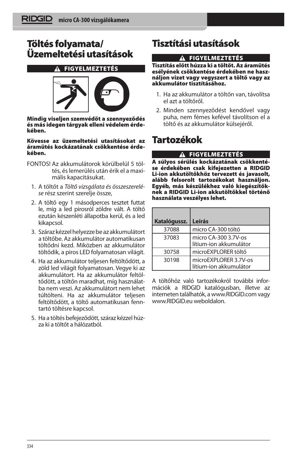 Töltés folyamata/ üzemeltetési utasítások, Tisztítási utasítások, Tartozékok | RIDGID micro CA-300 User Manual | Page 336 / 472