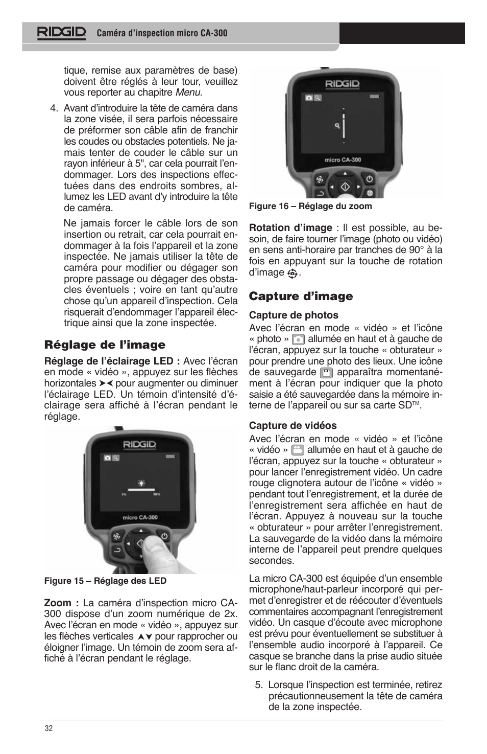 Réglage de l’image, Capture d’image | RIDGID micro CA-300 User Manual | Page 34 / 472