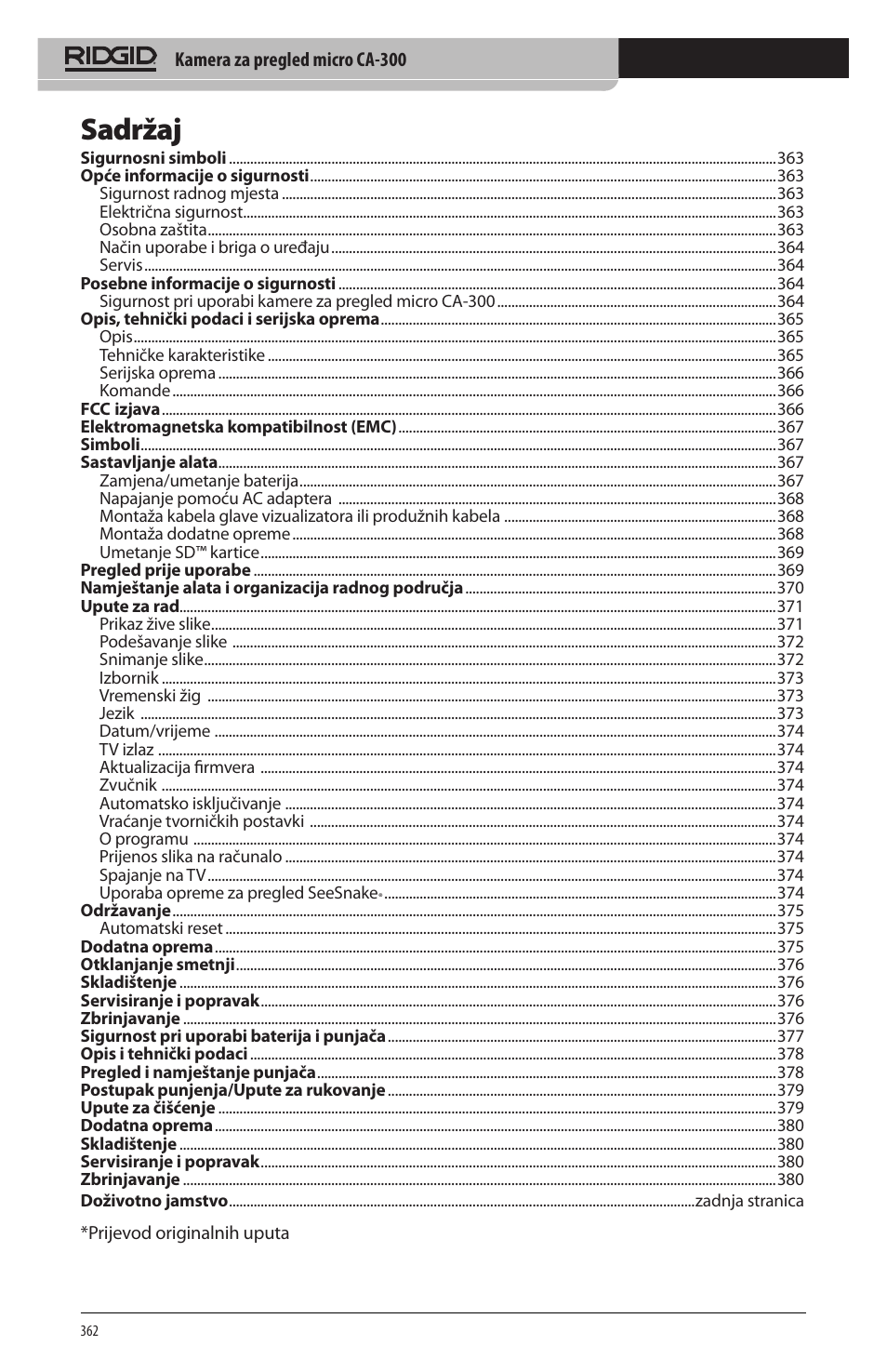 Sadržaj | RIDGID micro CA-300 User Manual | Page 364 / 472