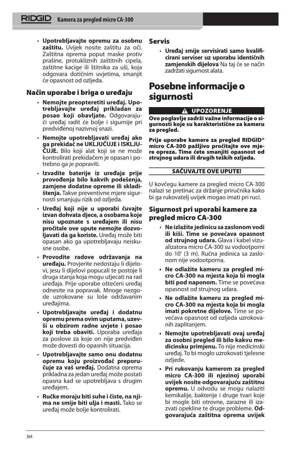 Posebne informacije o sigurnosti, Način uporabe i briga o uređaju, Servis | RIDGID micro CA-300 User Manual | Page 366 / 472