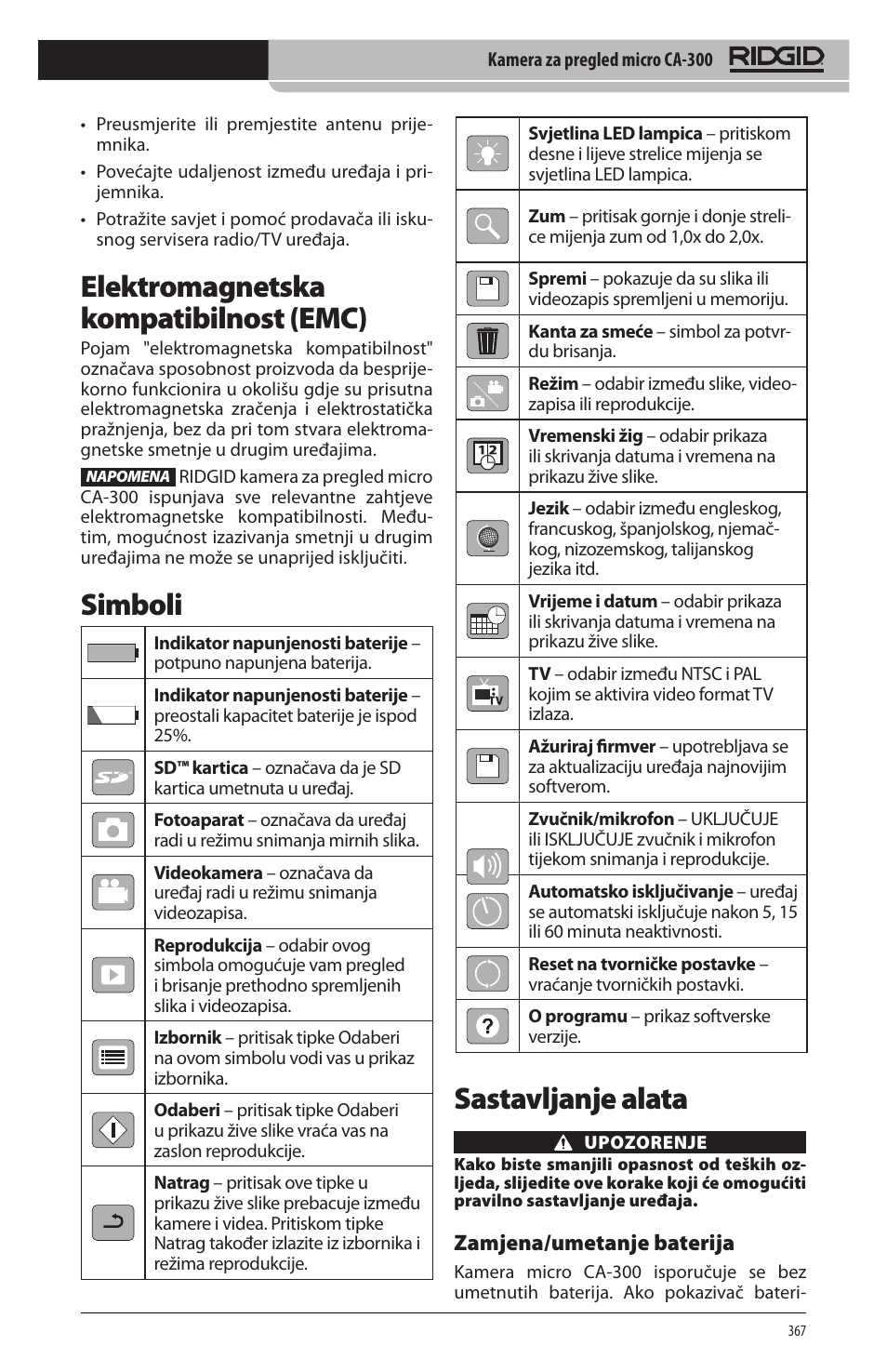 Sastavljanje alata, Elektromagnetska kompatibilnost (emc), Simboli | RIDGID micro CA-300 User Manual | Page 369 / 472