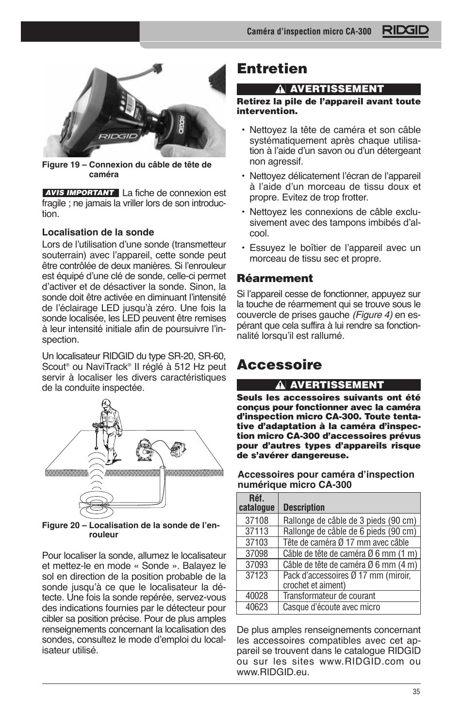 Entretien, Accessoire | RIDGID micro CA-300 User Manual | Page 37 / 472