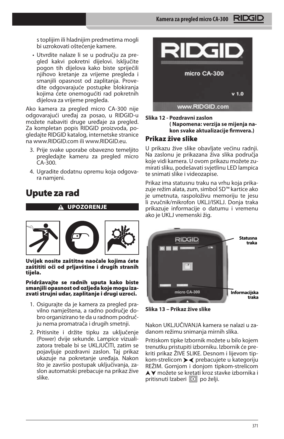 Upute za rad, Prikaz žive slike | RIDGID micro CA-300 User Manual | Page 373 / 472