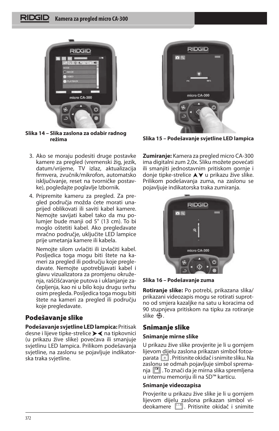 Podešavanje slike, Snimanje slike | RIDGID micro CA-300 User Manual | Page 374 / 472