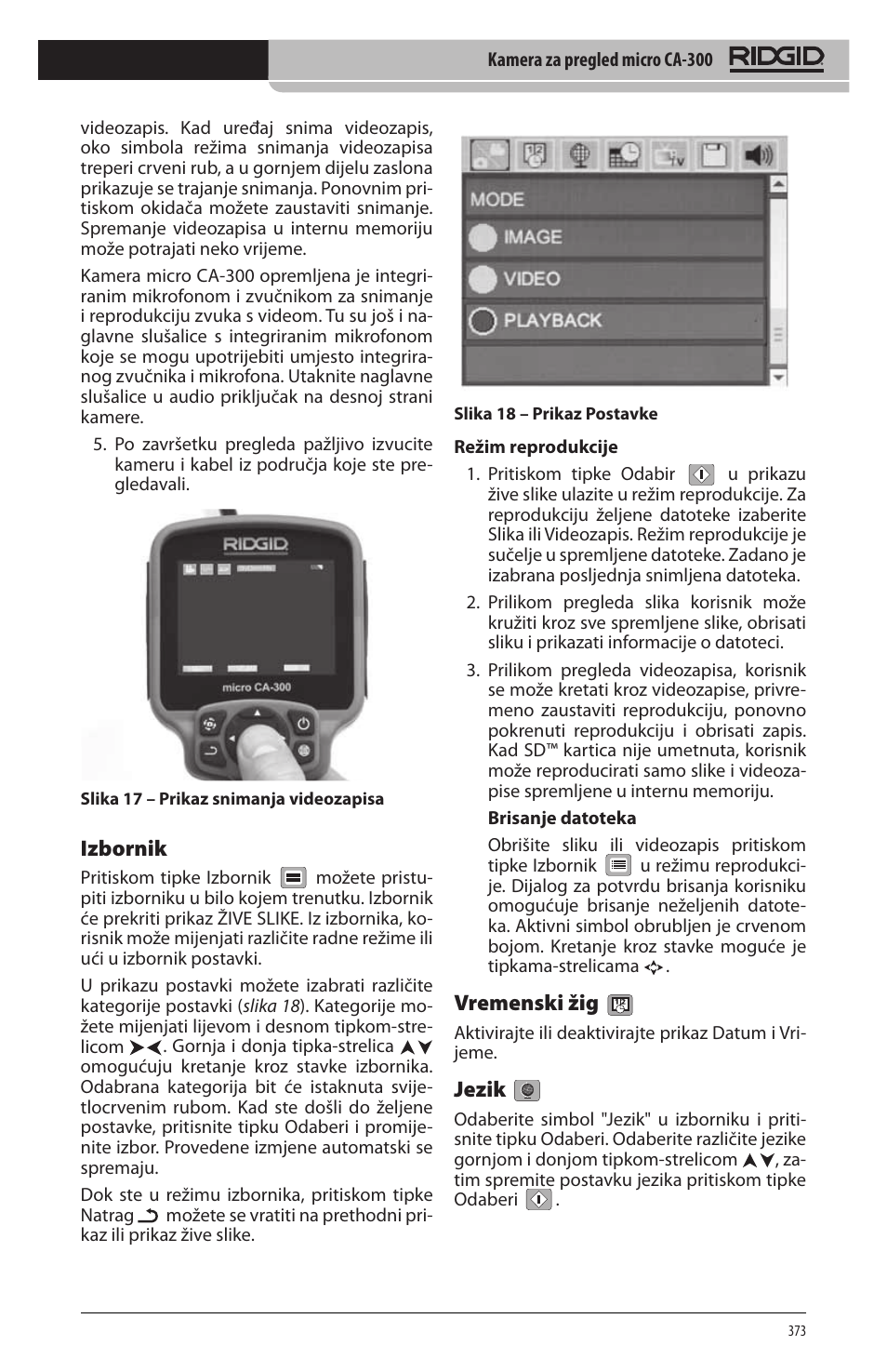 Izbornik, Vremenski žig, Jezik | RIDGID micro CA-300 User Manual | Page 375 / 472