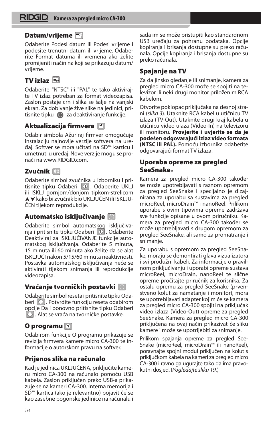Datum/vrijeme, Tv izlaz, Aktualizacija firmvera | Zvučnik, Automatsko isključivanje, Vraćanje tvorničkih postavki, O programu, Prijenos slika na računalo, Spajanje na tv, Uporaba opreme za pregled seesnake | RIDGID micro CA-300 User Manual | Page 376 / 472