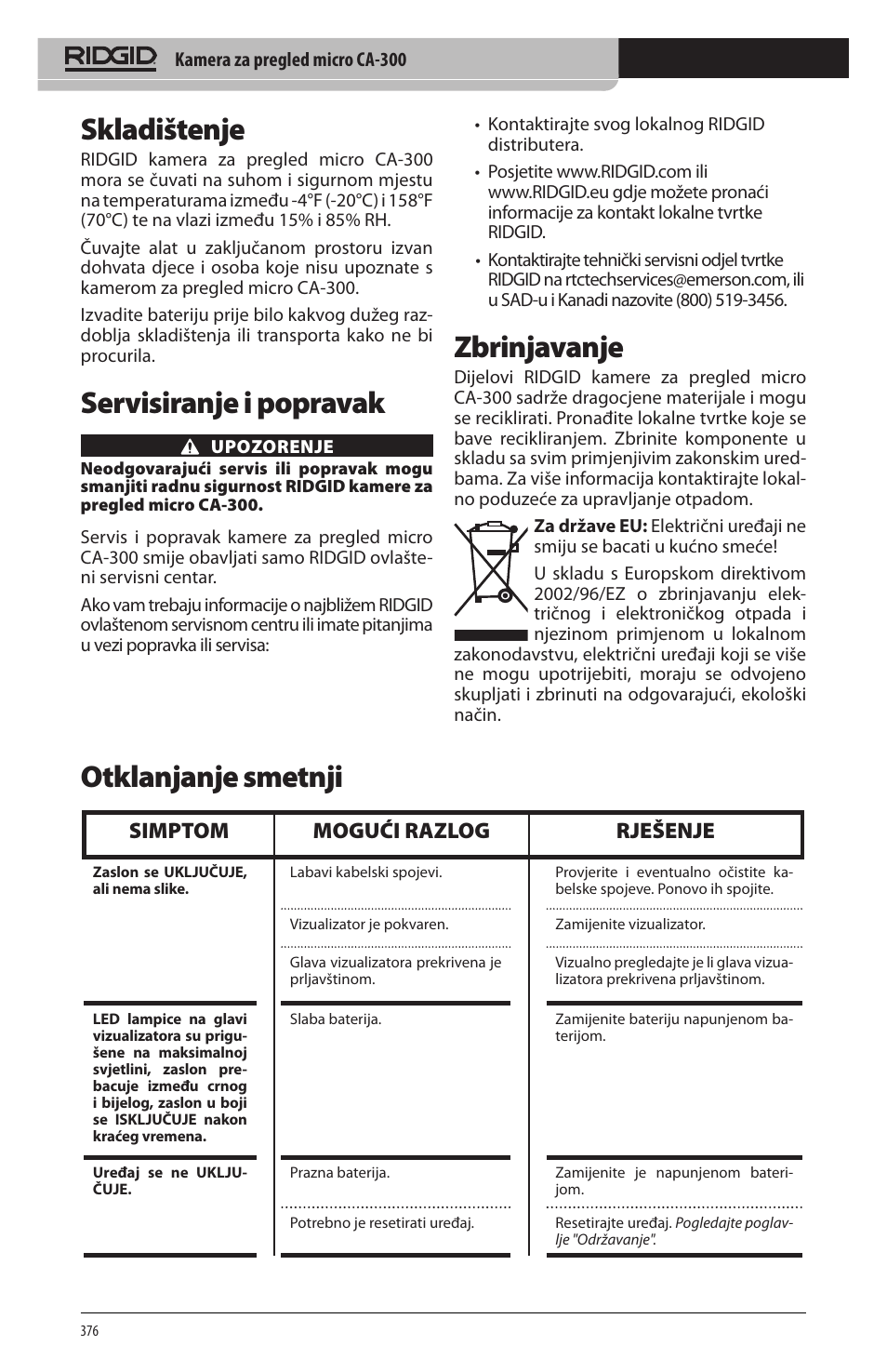 Skladištenje, Servisiranje i popravak, Zbrinjavanje | Otklanjanje smetnji, Simptom mogući razlog rješenje | RIDGID micro CA-300 User Manual | Page 378 / 472