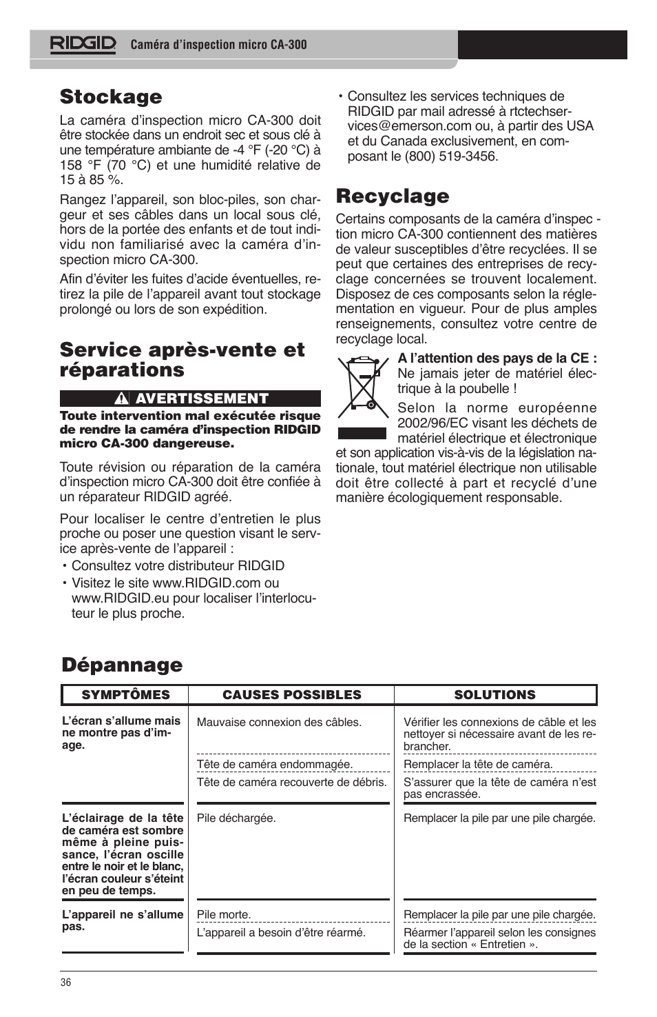 Stockage, Service après-vente et réparations, Recyclage | Dépannage | RIDGID micro CA-300 User Manual | Page 38 / 472