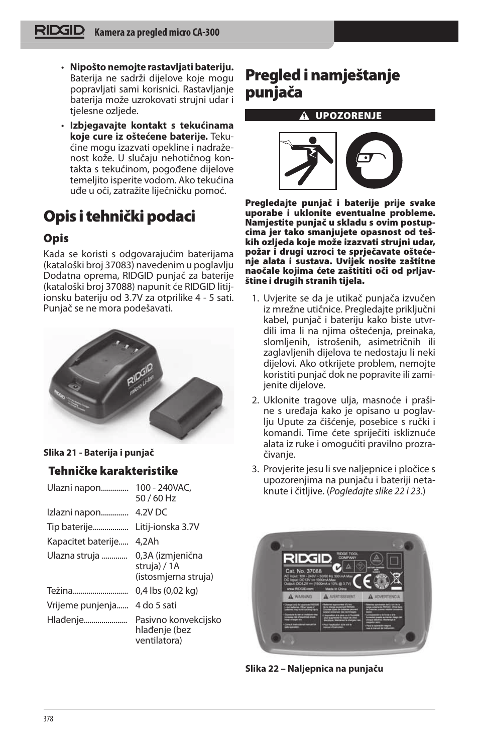 Opis i tehnički podaci, Pregled i namještanje punjača, Opis | Tehničke karakteristike | RIDGID micro CA-300 User Manual | Page 380 / 472