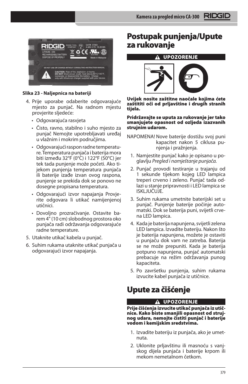 Postupak punjenja/upute za rukovanje, Upute za čišćenje | RIDGID micro CA-300 User Manual | Page 381 / 472