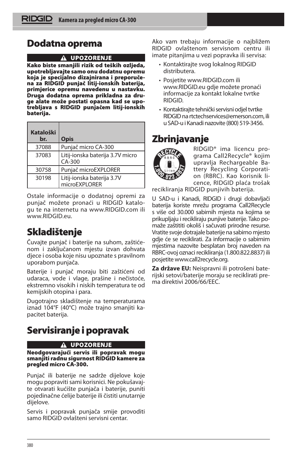 Dodatna oprema, Skladištenje, Servisiranje i popravak | Zbrinjavanje | RIDGID micro CA-300 User Manual | Page 382 / 472