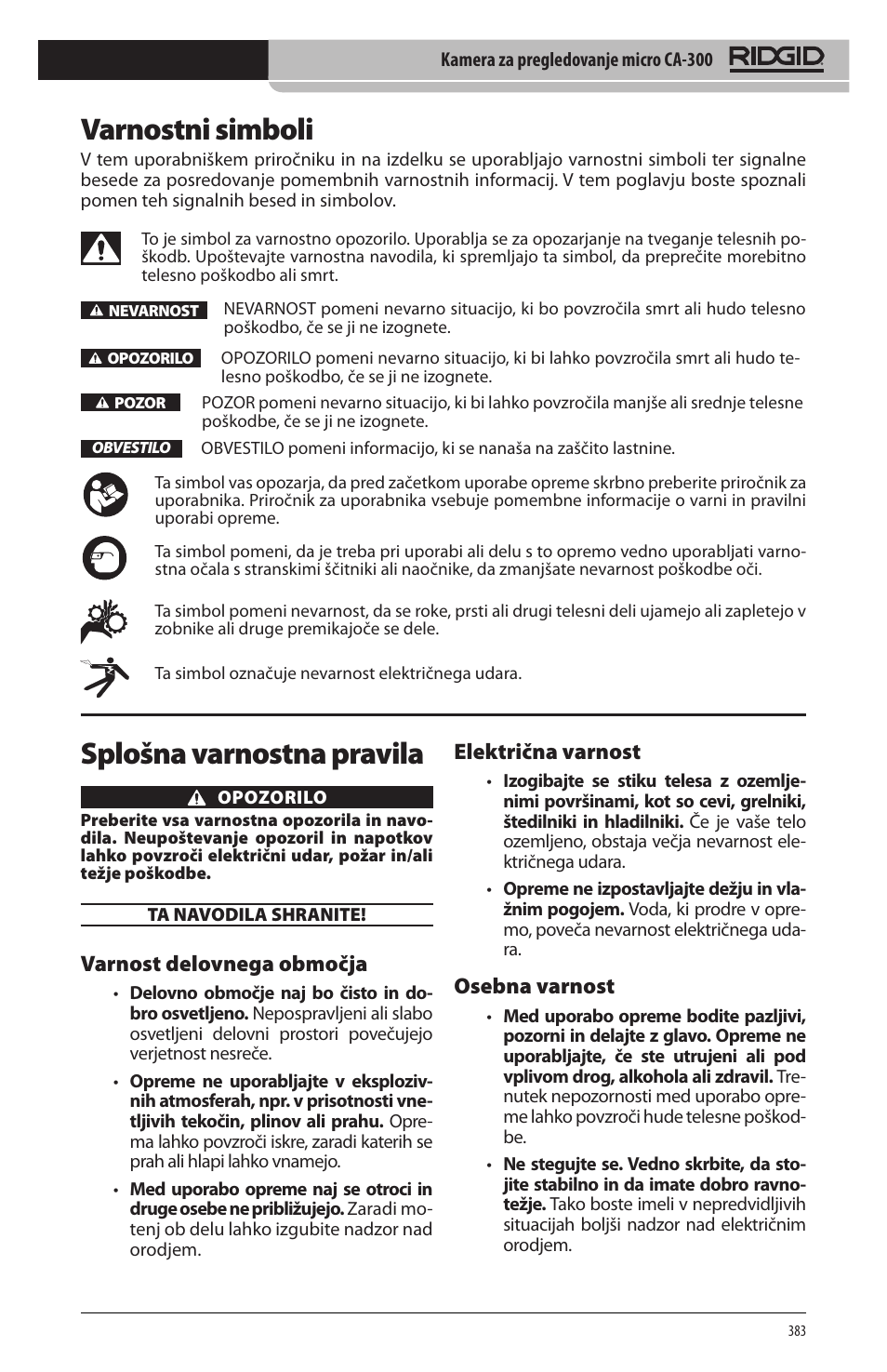 Varnostni simboli, Splošna varnostna pravila, Varnost delovnega območja | Električna varnost, Osebna varnost | RIDGID micro CA-300 User Manual | Page 385 / 472