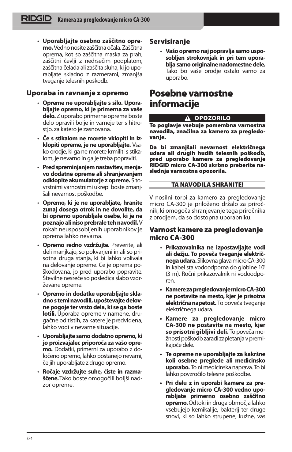 Posebne varnostne informacije, Uporaba in ravnanje z opremo, Servisiranje | Varnost kamere za pregledovanje micro ca‑300 | RIDGID micro CA-300 User Manual | Page 386 / 472